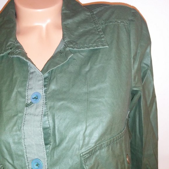 Hei Hei Anthropologie Jacket Small Green Wax Coated Collared Solid Button Long S - Picture 5 of 12